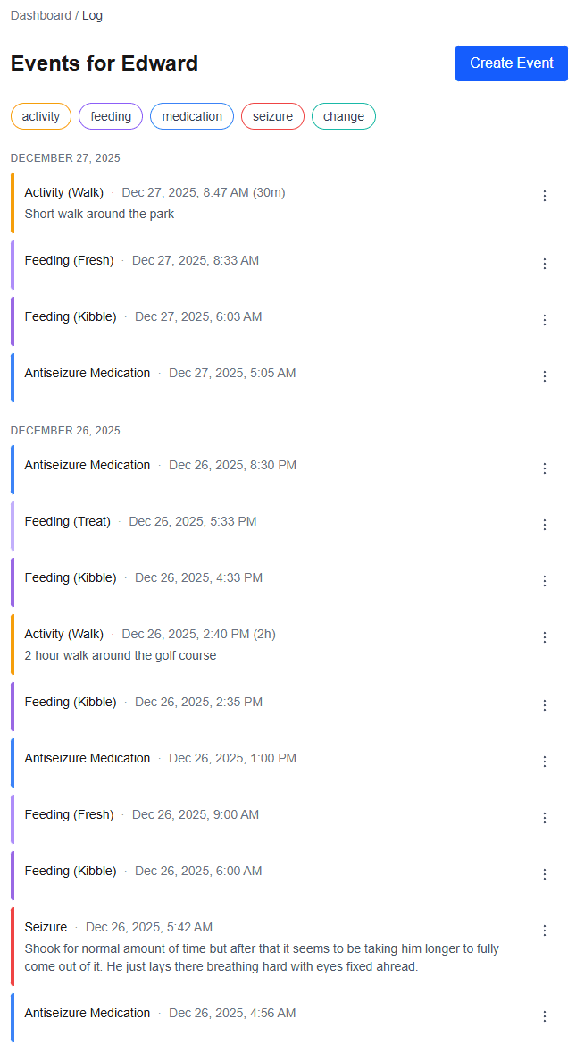 Mobile-friendly seizure logging interface showing quick event entry, medication tracking, and emergency contact features
