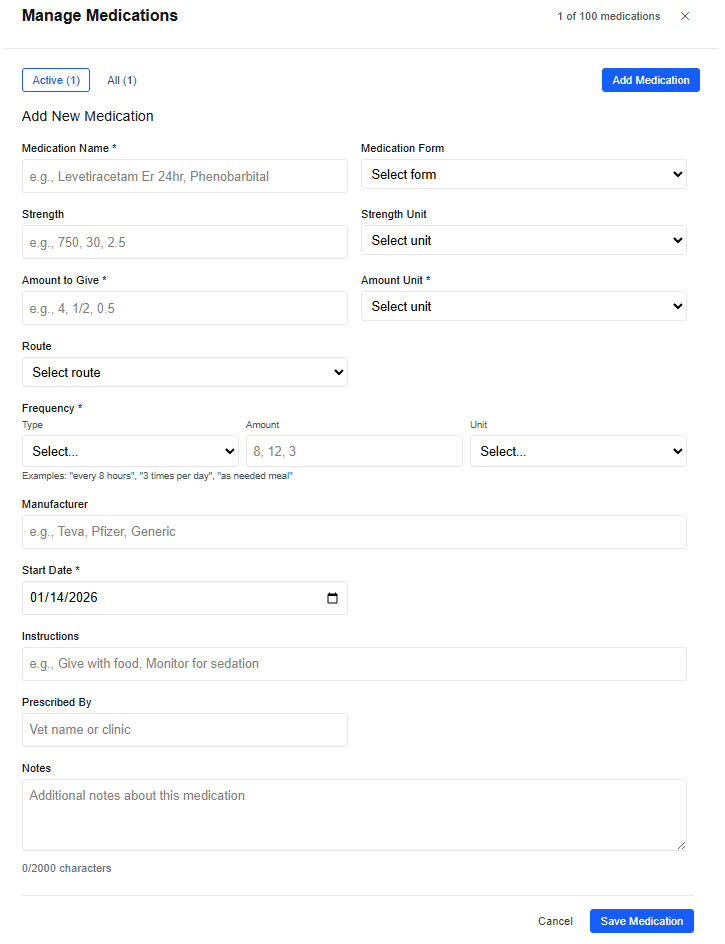 Add medications screen showing dosage tracking, history, and reminders